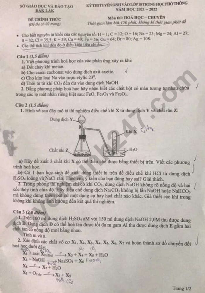 De thi vao lop 10 mon Hoa Chuyen - Dak Lak nam 2021