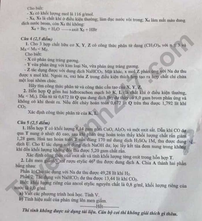 De thi vao lop 10 mon Hoa Chuyen - Dak Lak nam 2021