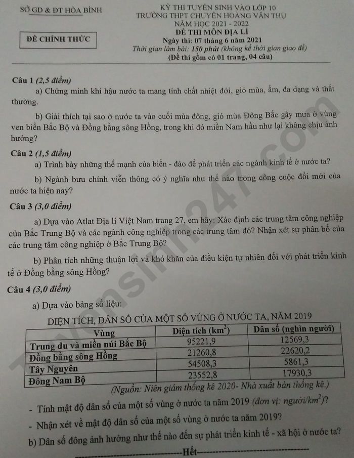 De thi vao lop 10 chuyen nam 2021 - mon Dia tinh Hoa Binh