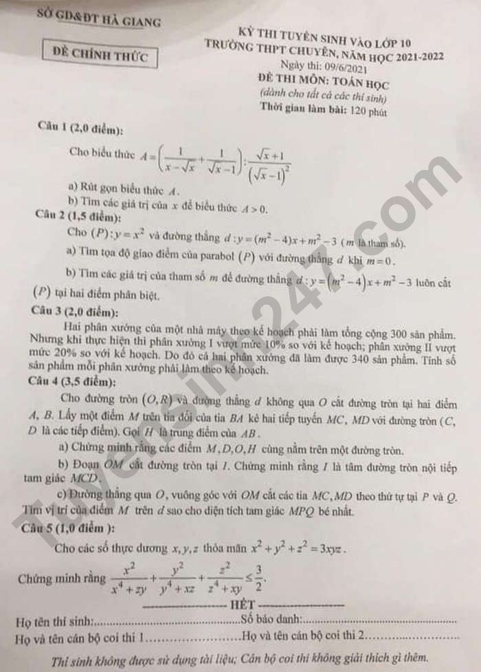 Dap an de thi vao lop 10 THPT Chuyen Ha Giang 2021 mon Toan (chung)