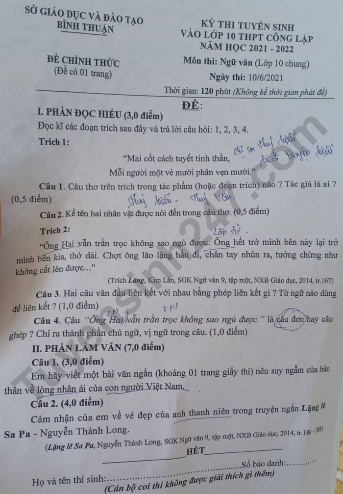 Dap an de thi vao lop 10 nam 2021 mon Van tinh Binh Thuan