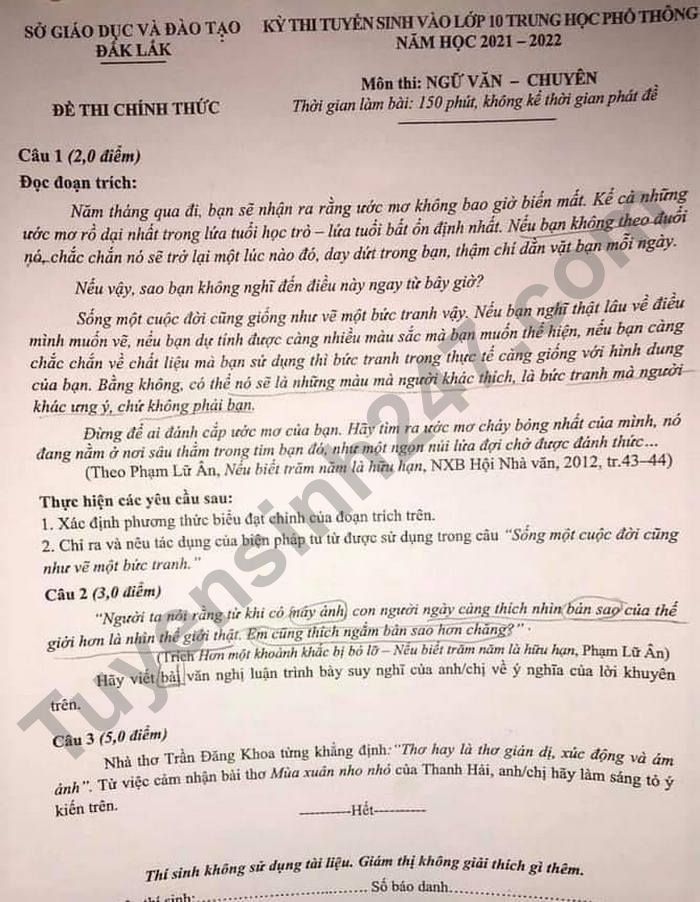 Dap an de thi vao lop 10 tinh Dak Lak mon Van chuyen 2021