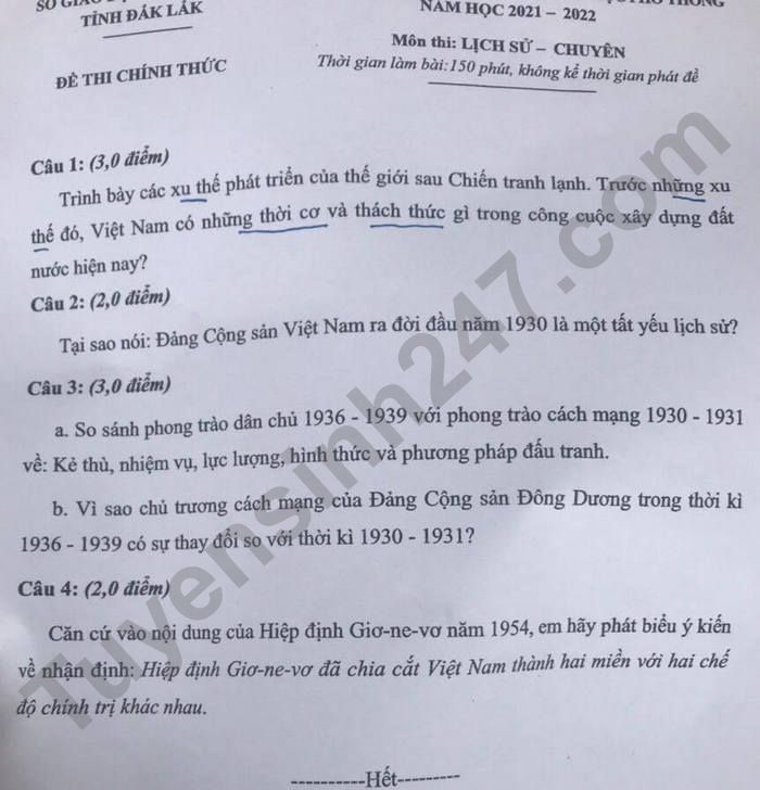 De thi vao lop 10 mon Su Chuyen - Dak Lak nam 2021