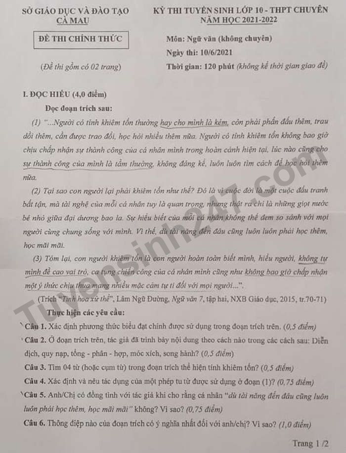 Dap an de thi vao lop 10 THPT Chuyen - mon Van tinh Ca Mau 2021