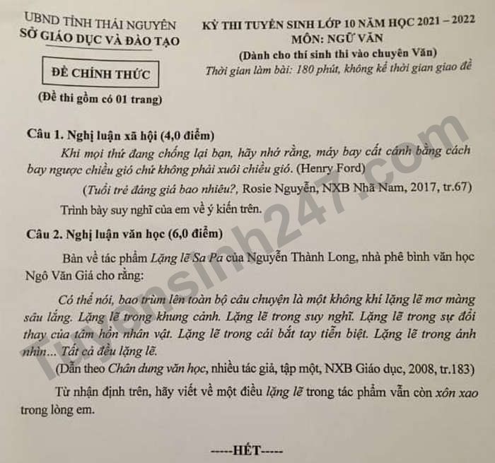 Dap an de thi vao lop 10 mon Van chuyen - Thai Nguyen 2021