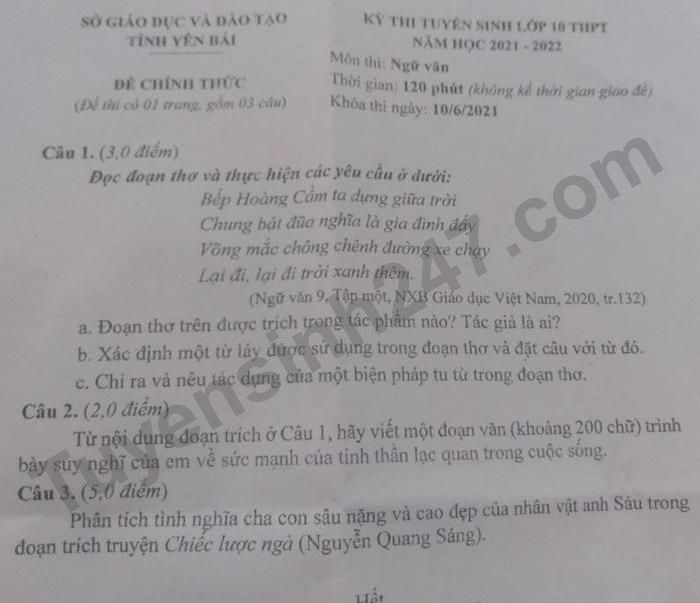 Dap an de thi vao lop 10 mon Van - tinh Yen Bai nam 2021