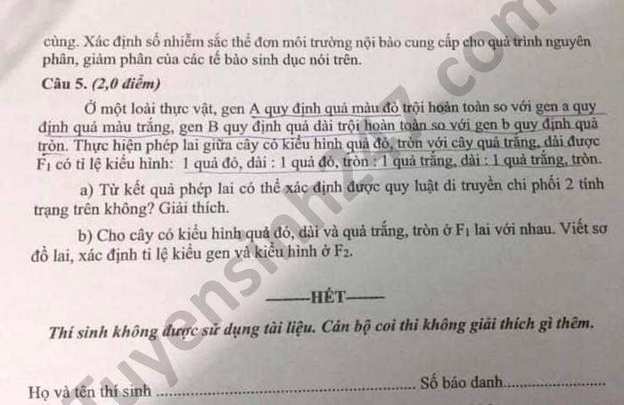 De thi vao lop 10 mon Sinh chuyen tinh Dak Lak nam 2021