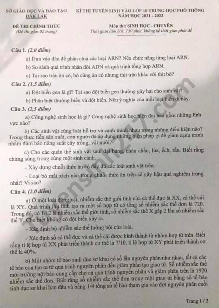 De thi vao lop 10 mon Sinh chuyen tinh Dak Lak nam 2021