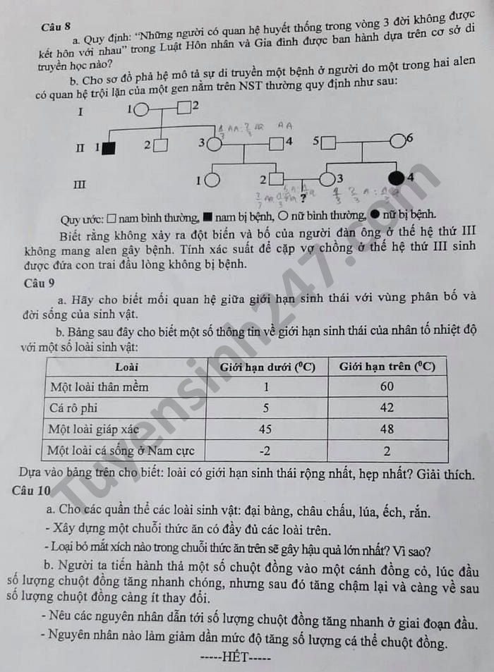 De thi vao lop 10 nam 2021 mon Sinh chuyen tinh Thai Nguyen