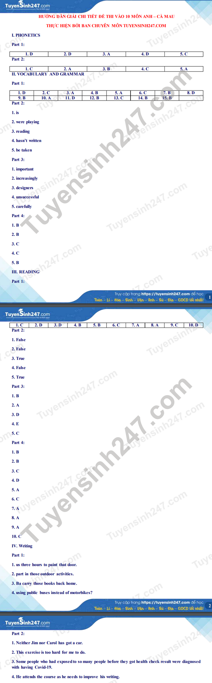 Dap an de thi vao lop 10 THPT chuyen nam 2021 mon Anh tinh Ca Mau