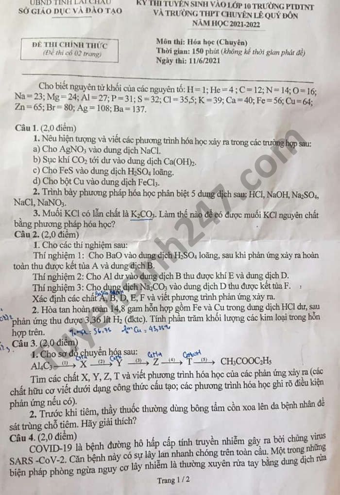 De thi vao lop 10 nam 2021 mon Hoa chuyen tinh Lai Chau