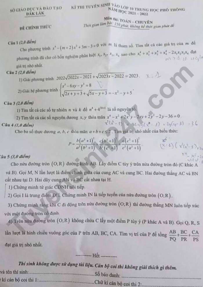 De thi vao lop 10 mon Toan chuyen - Dak Lak nam 2021
