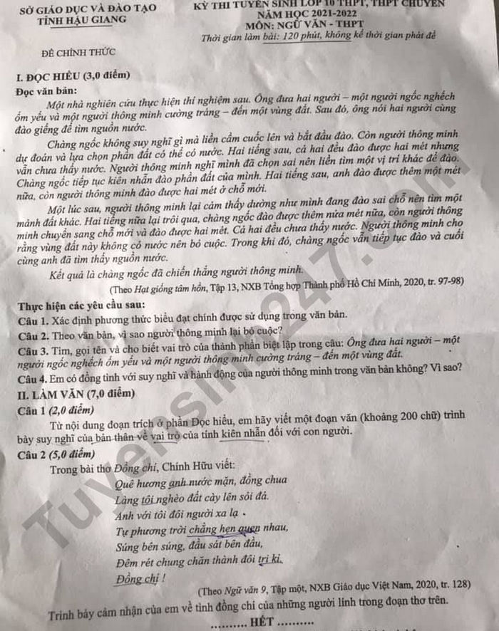 Dap an de thi vao lop 10 tinh Hau Giang mon Van nam 2021