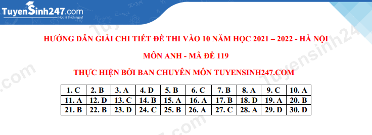 Dap an de thi vao lop 10 mon Anh Ha Noi nam 2021