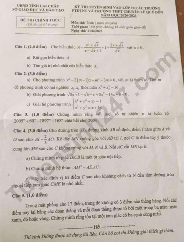 De thi vao lop 10 Lai Chau nam 2021 mon Toan Chuyen