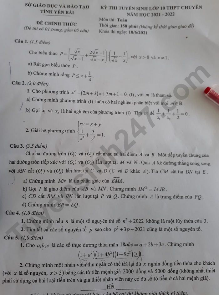 De thi vao lop 10 chuyen nam 2021 - tinh Yen Bai mon Toan