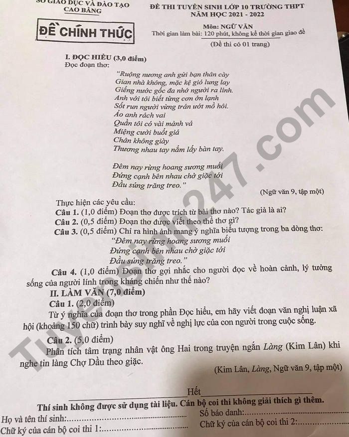Dap an de thi vao lop 10 mon Van tinh Cao Bang nam 2021