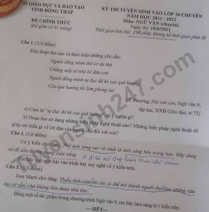 De thi vao lop 10 nam 2021 mon Van chuyen tinh Dong Thap