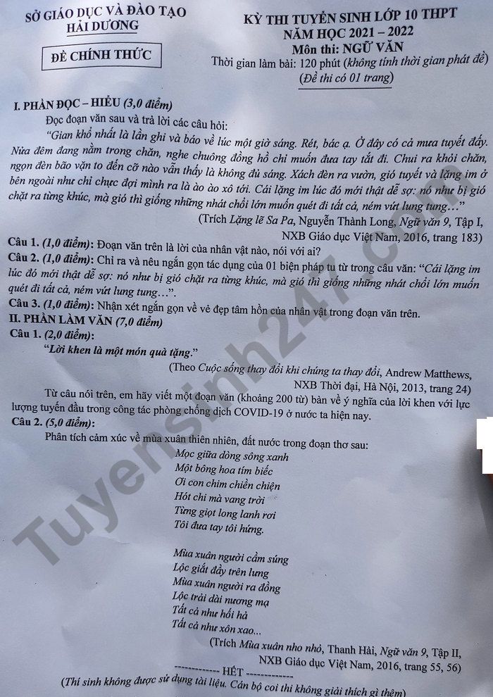 Dap an de thi vao lop 10 nam 2021 tinh Hai Duong mon Van