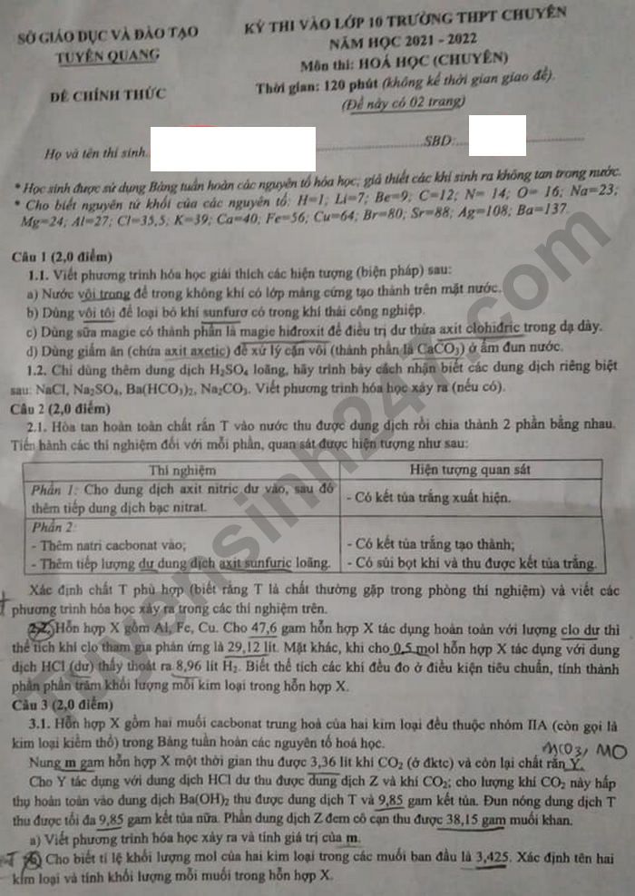 De thi vao lop 10 mon Hoa chuyen - Tuyen Quang 2021