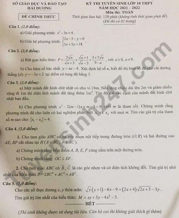 Dap an de thi vao lop 10 nam 2021 mon Toan tinh Hai Duong