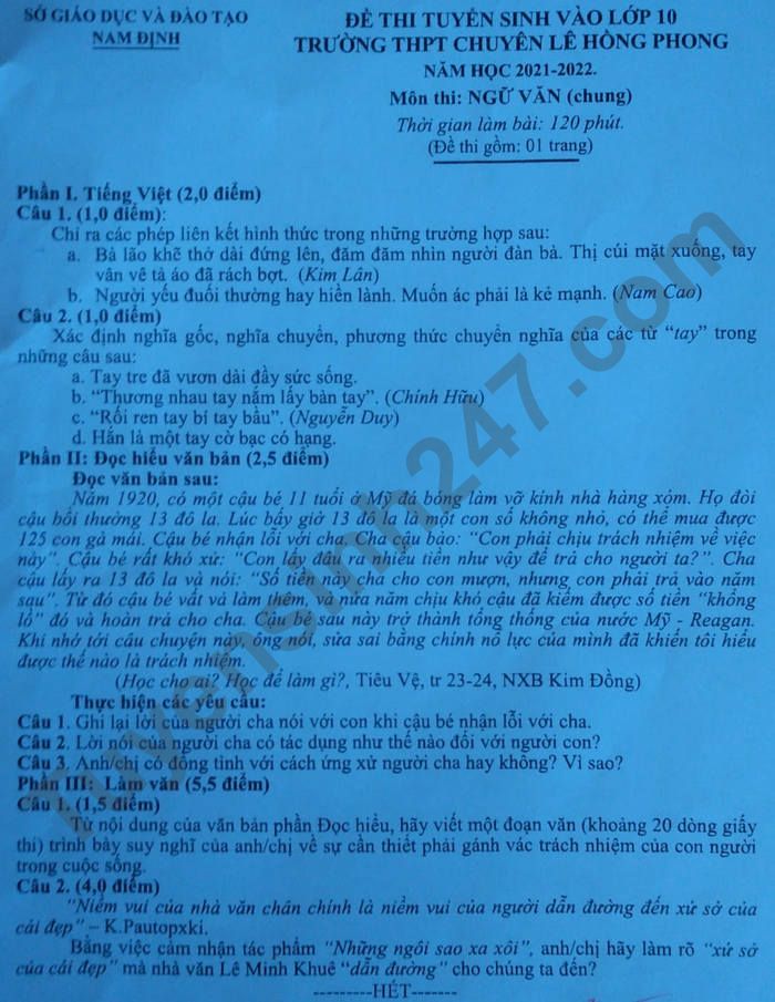Dap an de thi vao lop 10 THPT Chuyen - tinh Nam Dinh mon Van (chung) 2021
