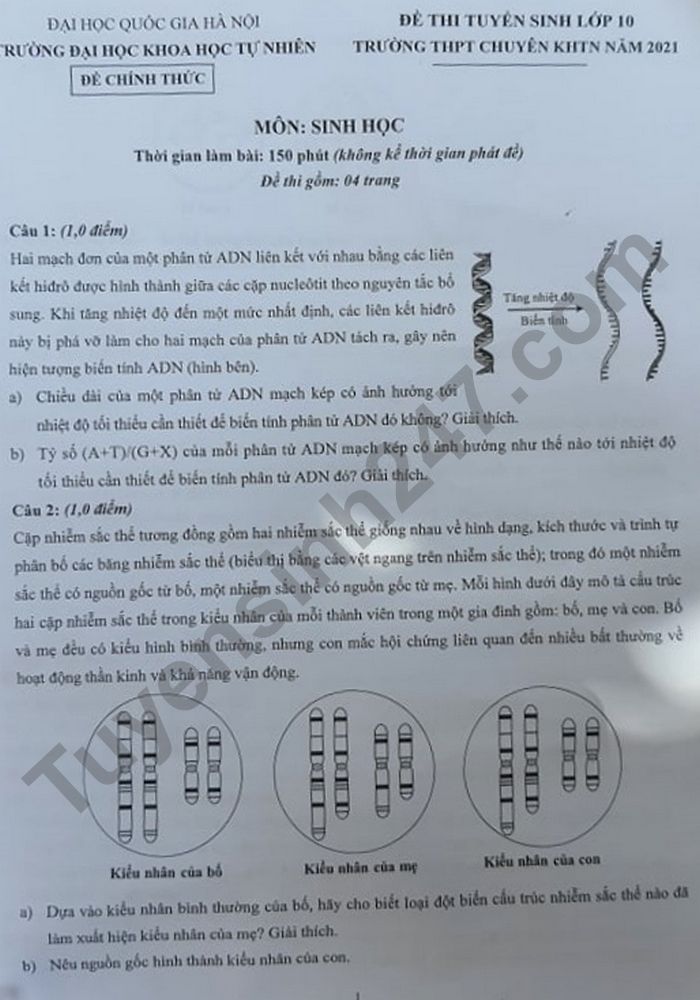 De thi vao lop 10 THPT Chuyen KHTN mon Sinh 2021