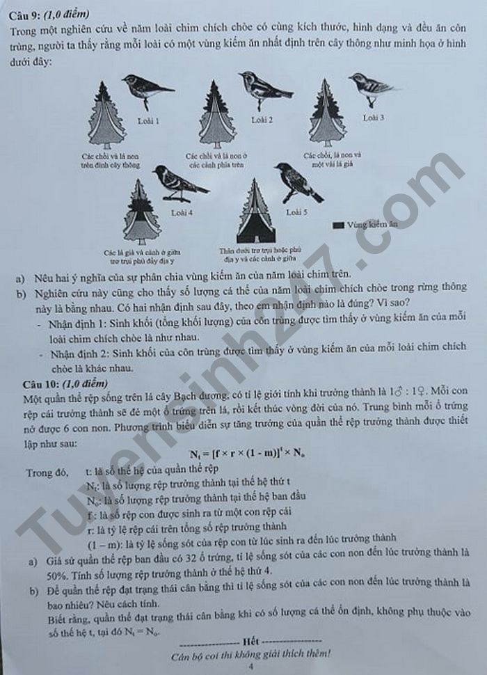 De thi vao lop 10 THPT Chuyen KHTN mon Sinh 2021