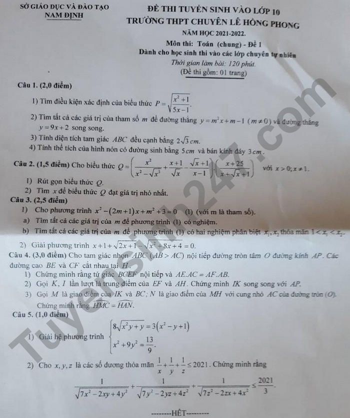 Dap an de thi vao lop 10 chuyen - tinh Nam Dinh mon Toan chung 2021