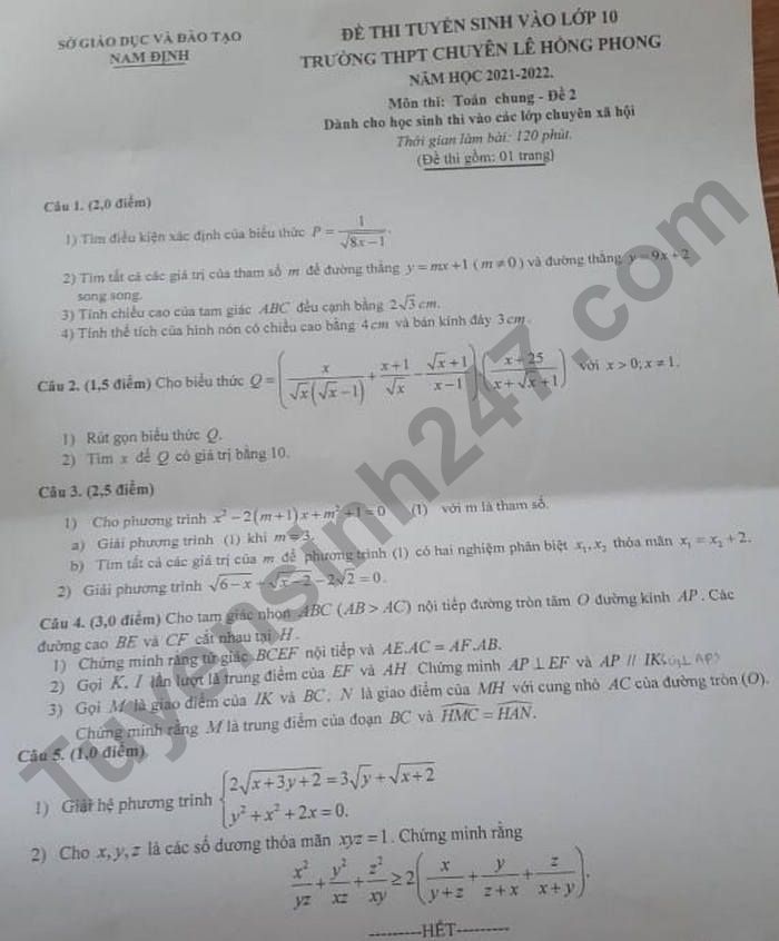 Dap an de thi vao lop 10 chuyen - tinh Nam Dinh mon Toan chung 2021