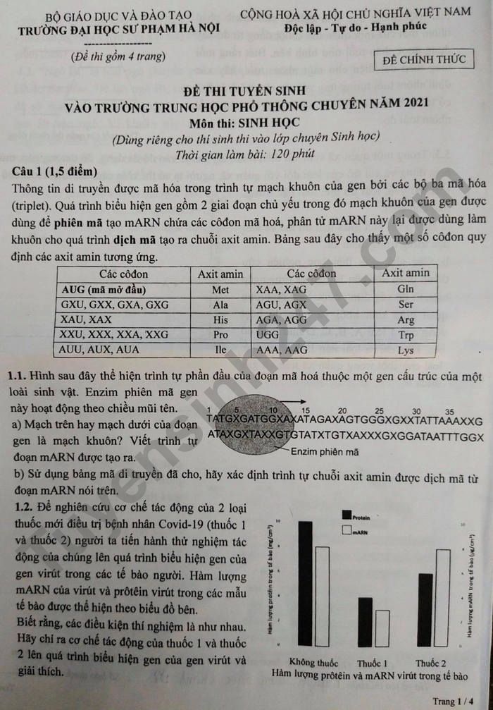 De thi vao lop 10 chuyen Sinh - THPT Chuyen Su pham nam 2021