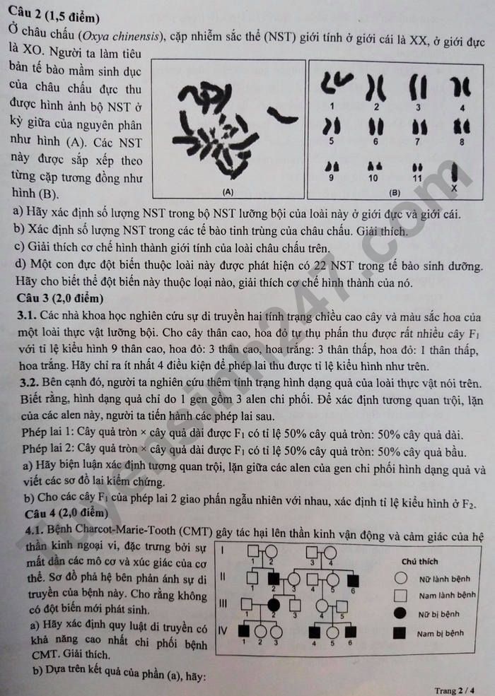 De thi vao lop 10 chuyen Sinh - THPT Chuyen Su pham nam 2021