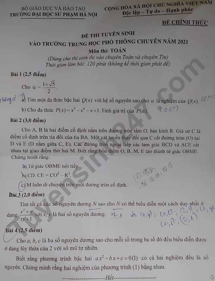 Dap an de thi vao lop 10 Chuyen Su pham nam 2021 mon Toan (Chuyen)