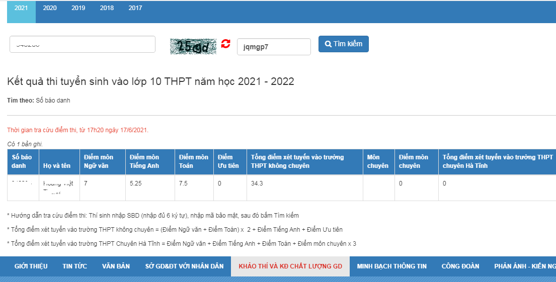 Da co diem thi vao lop 10 Ha Tinh 2021