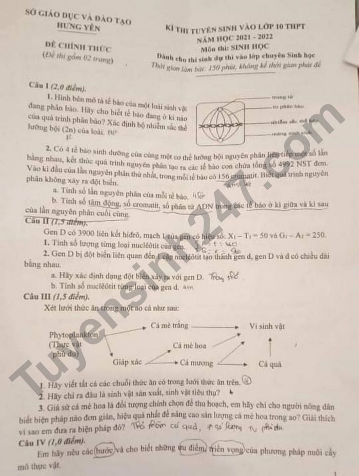 De thi vao lop 10 chuyen Sinh nam 2021 tinh Hung Yen