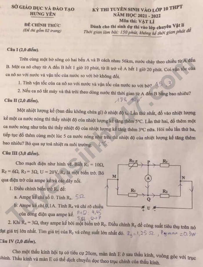 De thi vao lop 10 Hung Yen mon Ly chuyen 2021