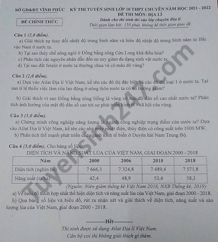 De thi vao lop 10 THPT chuyen tinh Vinh Phuc mon Dia nam 2021