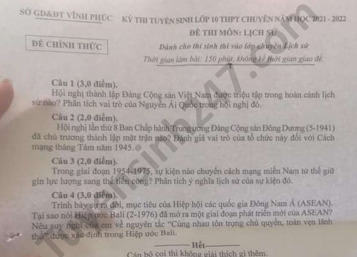 De thi vao lop 10 THPT chuyen mon Su tinh Vinh Phuc nam 2021