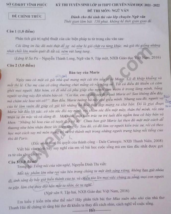 De thi vao lop 10 THPT chuyen nam 2021 mon Van tinh Vinh Phuc