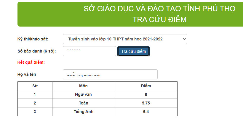 Da co diem thi vao lop 10 tinh Phu Tho 2021