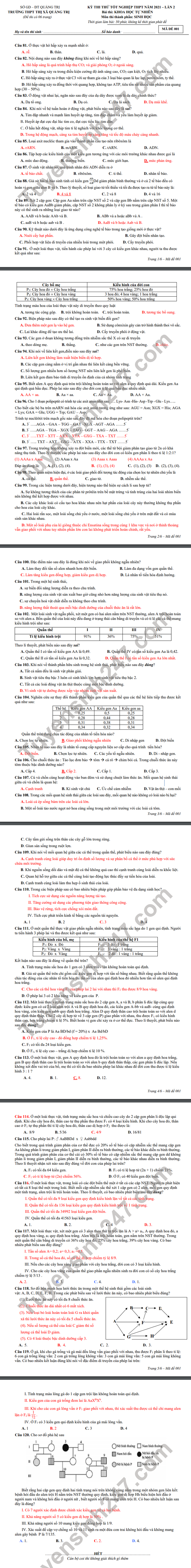 De thi thu tot nghiep THPT 2021 mon Sinh THPT TX Quang Tri lan 2 -co dap an