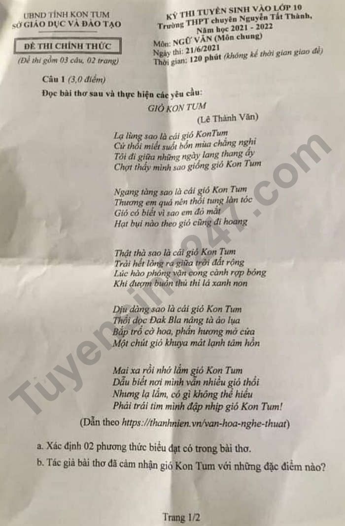 Dap an de thi vao lop 10 chuyen - tinh Kon Tum mon Van (chung) 2021
