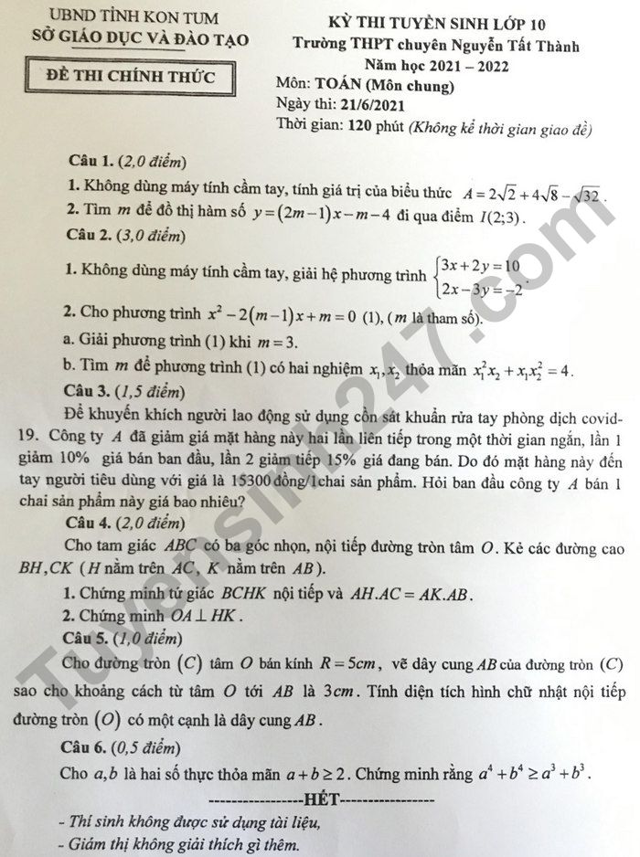 Dap an de thi vao lop 10 Chuyen nam 2021 - Tinh Kon Tum mon Toan (chung)