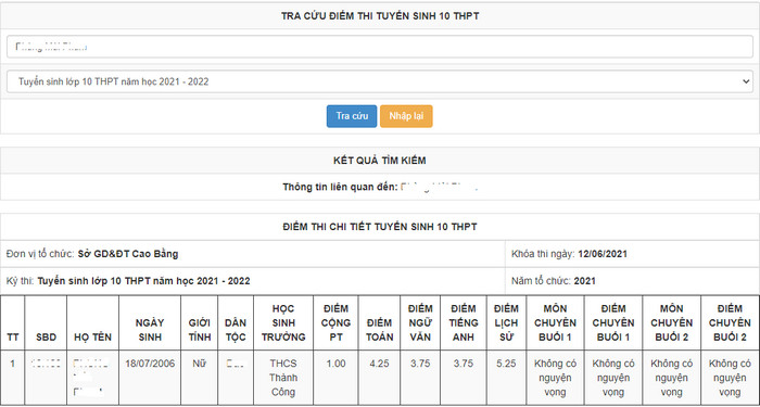 Diem thi vao lop 10 tinh Cao Bang nam 2021