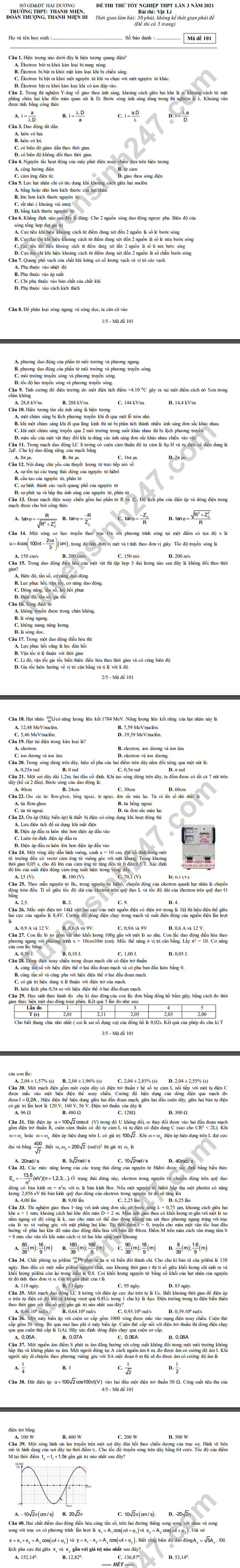 De thi thu tot nghiep THPT 2021 lan 3 mon Ly THPT Thanh Mien-Doan Thuong