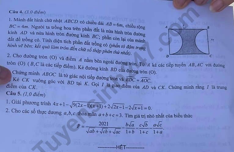 Dap an de thi vao lop 10 mon Toan tinh Nam Dinh 2021