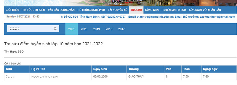 Da co diem thi vao lop 10 Nam Dinh nam 2021