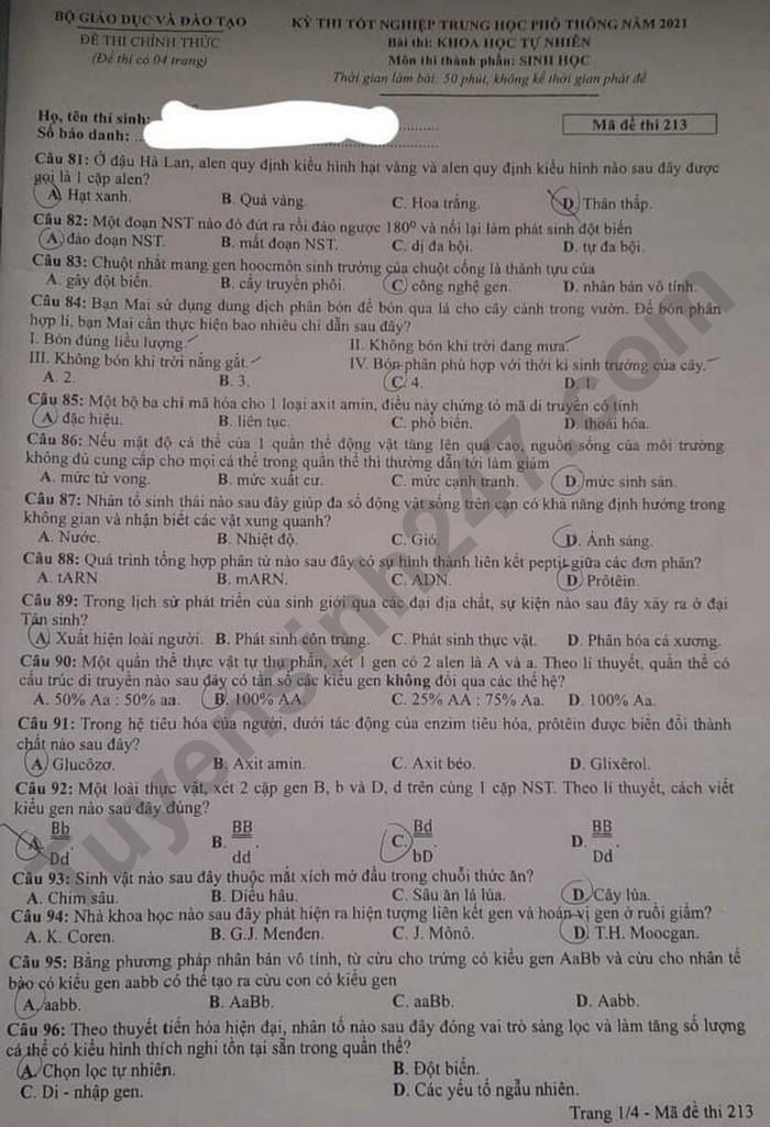 Dap an de thi mon Sinh tot nghiep THPT 2021 ma de 213