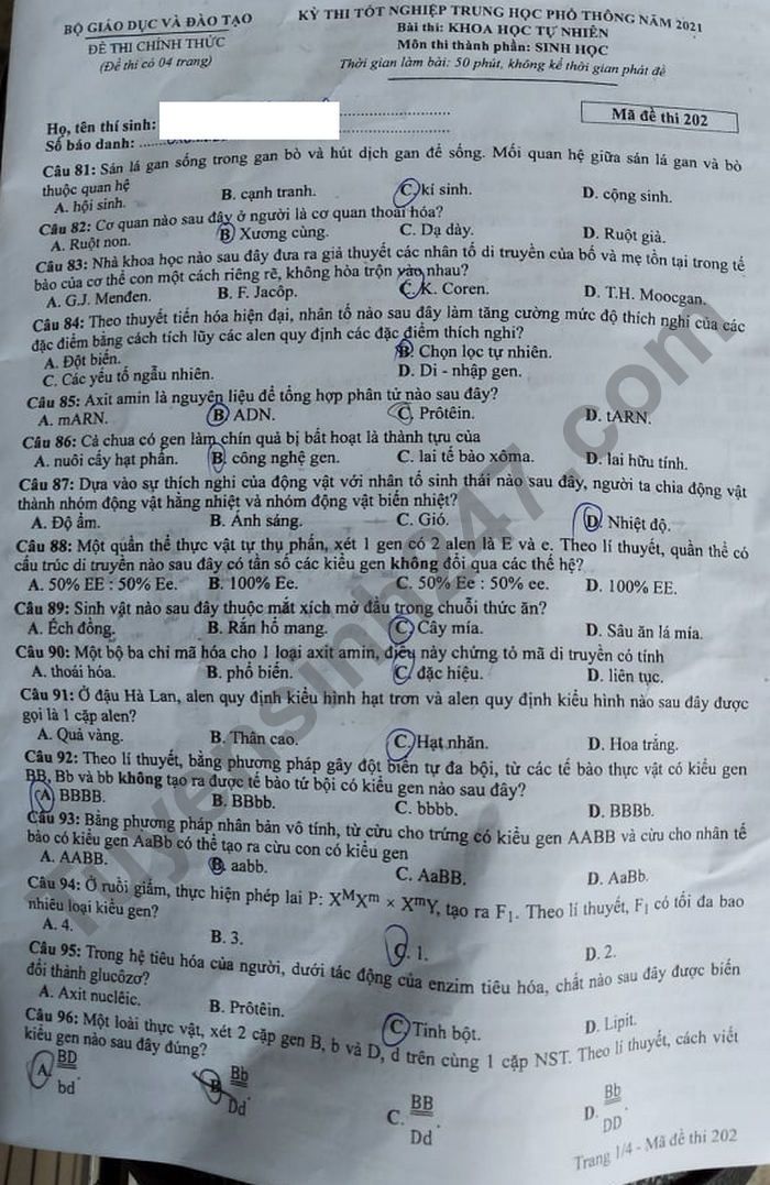 Dap an de thi tot nghiep THPT 2021 - mon Sinh ma de 202