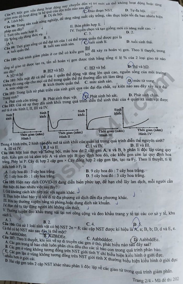 Dap an de thi tot nghiep THPT 2021 - mon Sinh ma de 202